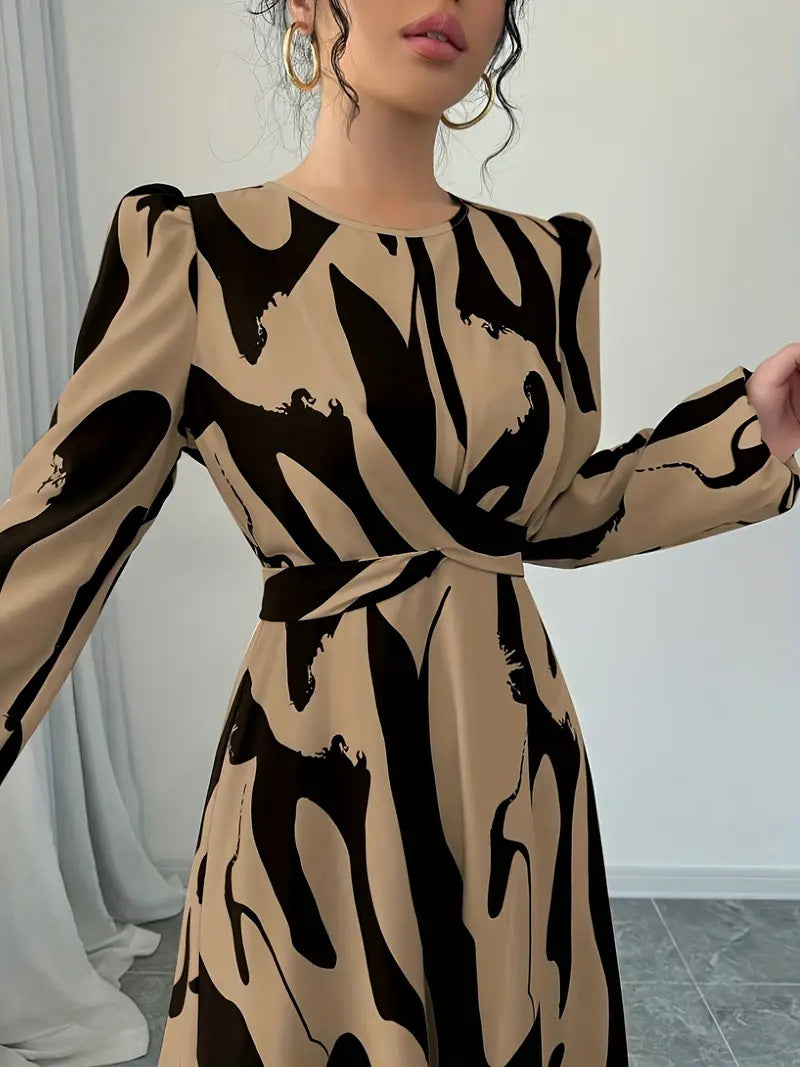 Women's Commuter Crew Neck Long Sleeve Waist Fit Large Swing Midi Dress Casual Everyday Fashion