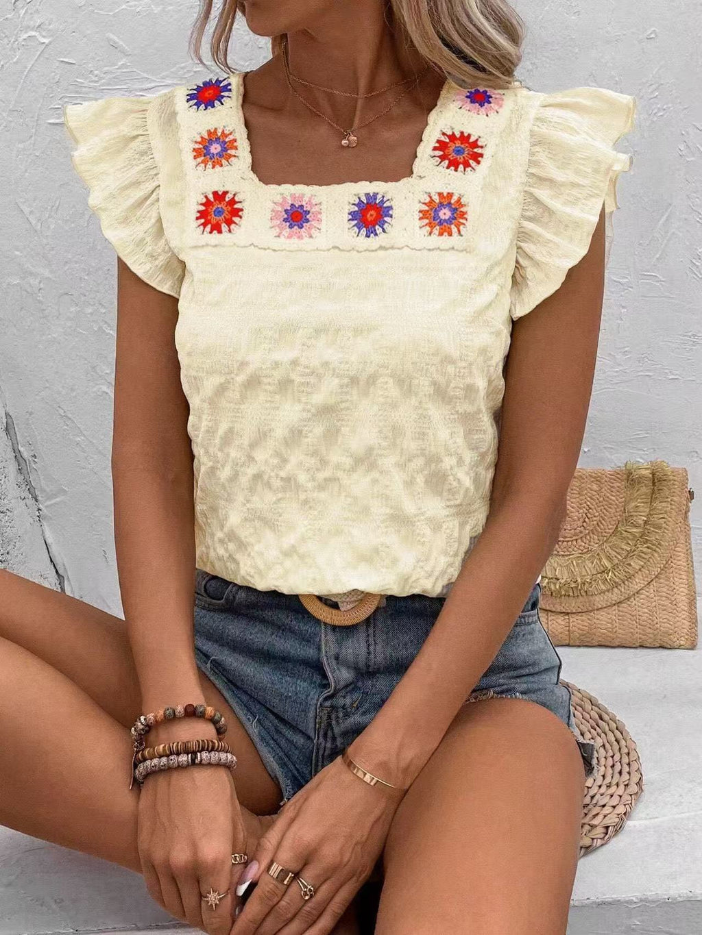 Women's Summer Square Neck Blouse with Ruffle Sleeves – Retro Inspired Casual Top