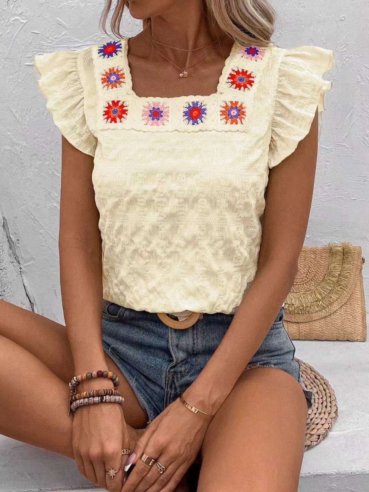 Women's Summer Square Neck Blouse with Ruffle Sleeves – Retro Inspired Casual Top