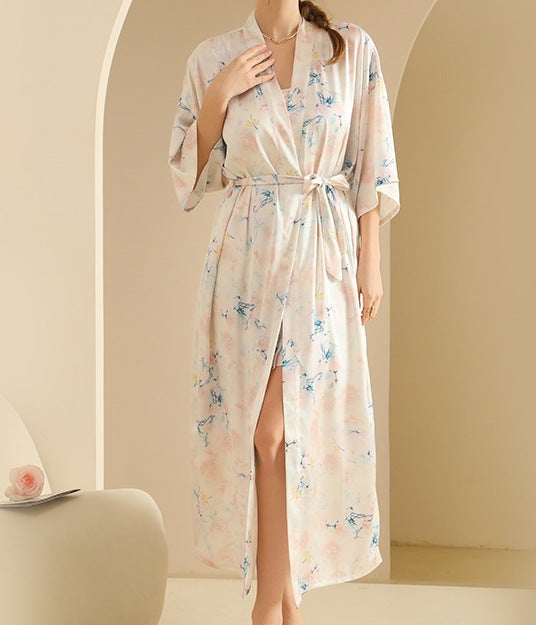 Printed Ice Silk Bathrobe Set for Women - Summer Mid-Sleeve Plus Size Bridal Morning Robe