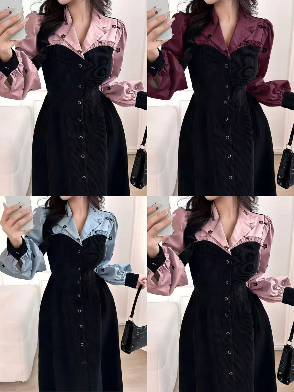 Women's Retro French-Inspired Long Sleeve Contrast Waist Defined Midi Dress