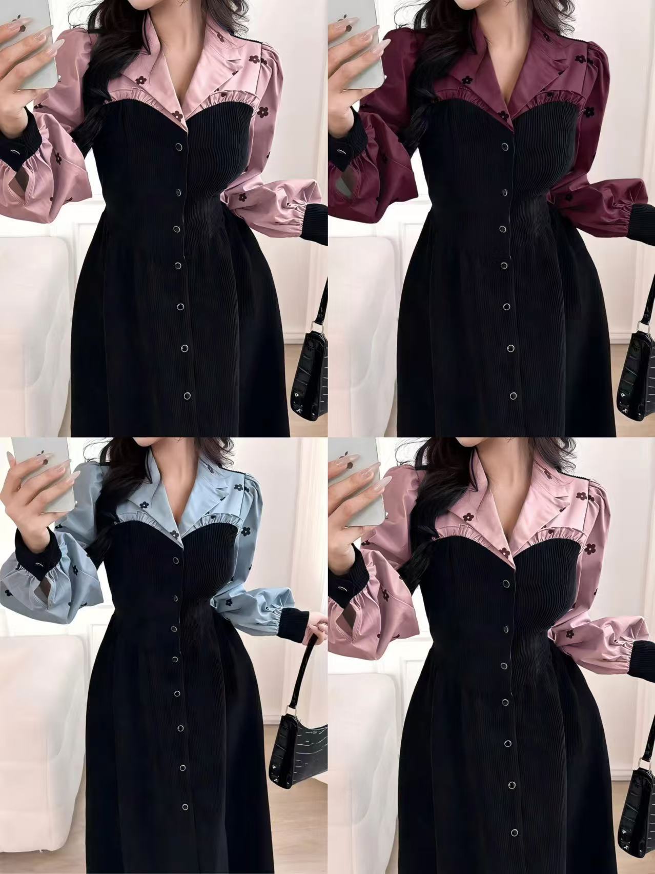 Women's Retro French-Inspired Long Sleeve Contrast Waist Defined Midi Dress