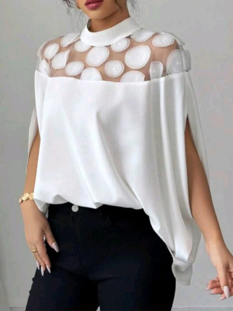 Summer Solid Color Mesh Shoulder Bat Sleeve Elegant Women's Casual Top