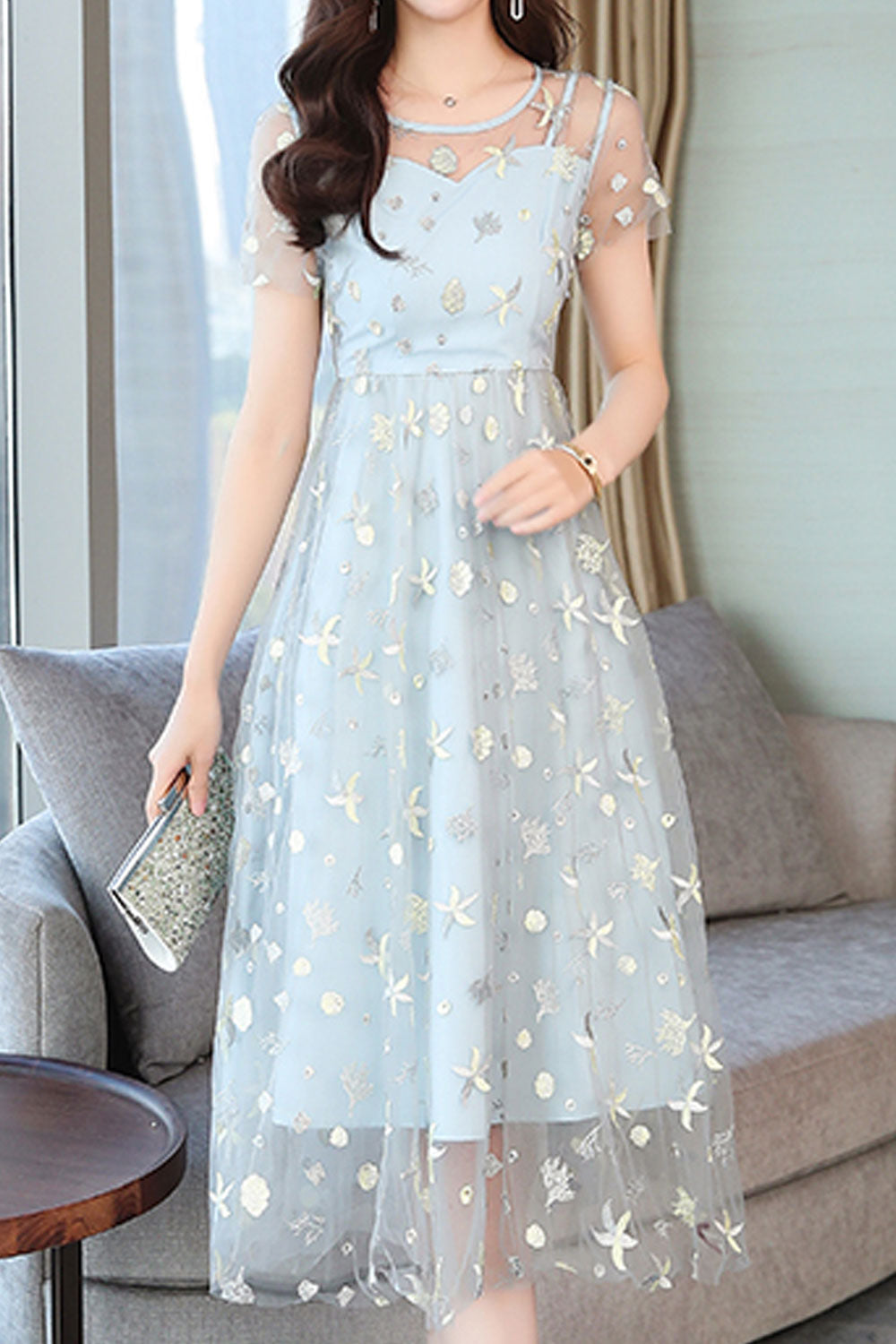 Women Splendid Sequin decorated Short Sleeve Round Neck Amazing A-Line Evening Party Skirt Dress
