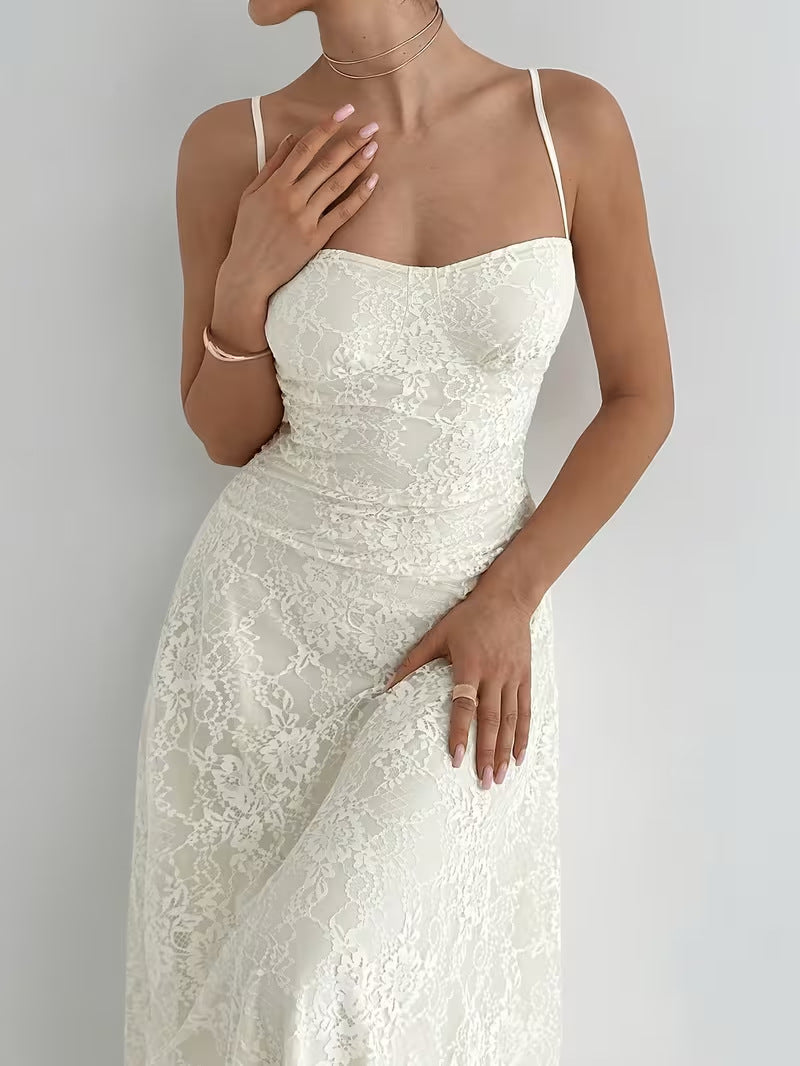 Women's 2026 Summer Lace Suspender Maxi Dress – Elegant Sleeveless Waist-Cinching Long Dress with Slim Fit and Flowing Skirt