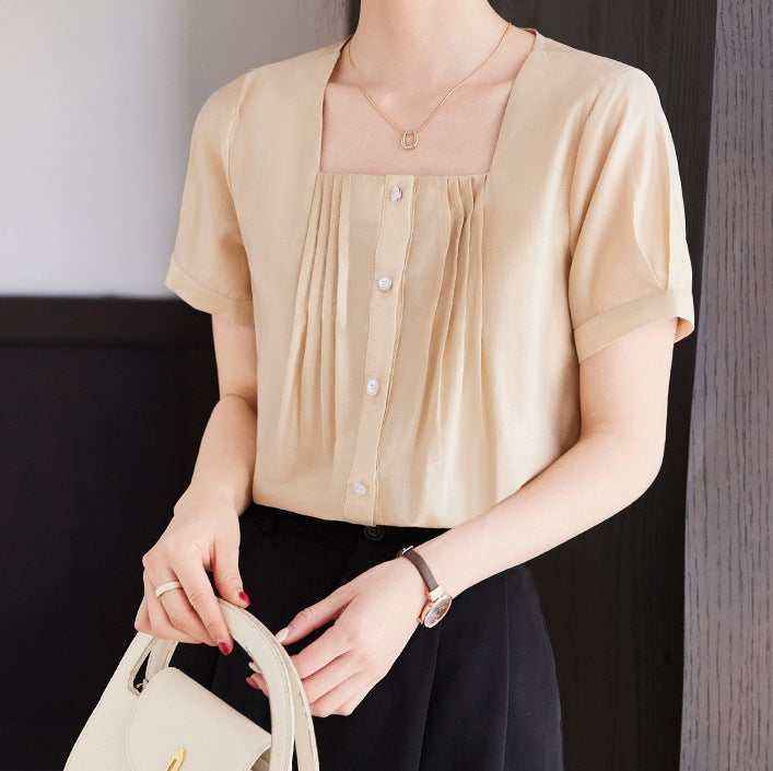 Women's Elegant Apricot Square Collar Shirt - Lightweight Short Sleeve Summer Top