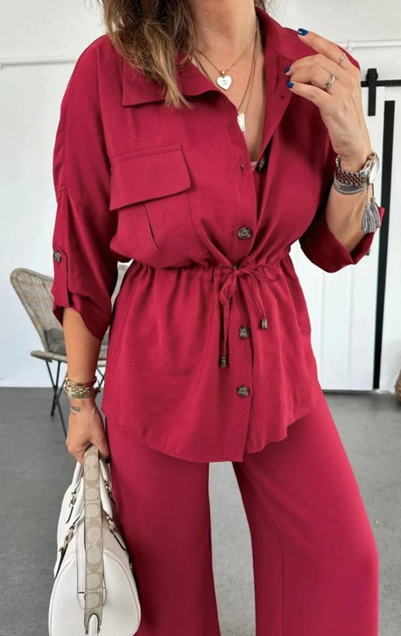 Title Women's Loose Casual Solid Color Drawstring Button 2-Piece Outfit with Patch Pockets