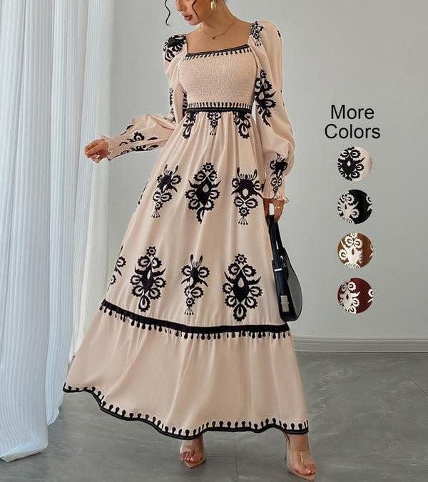 Women's Elegant Printed Square Neck Beach Dress Casual Vacation Midi Dress