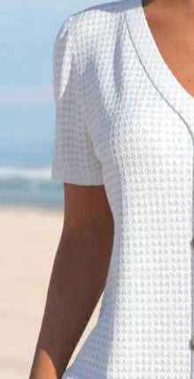 Summer New Solid Color Button V-Neck Short Sleeve Loose Fit Casual Top for Women