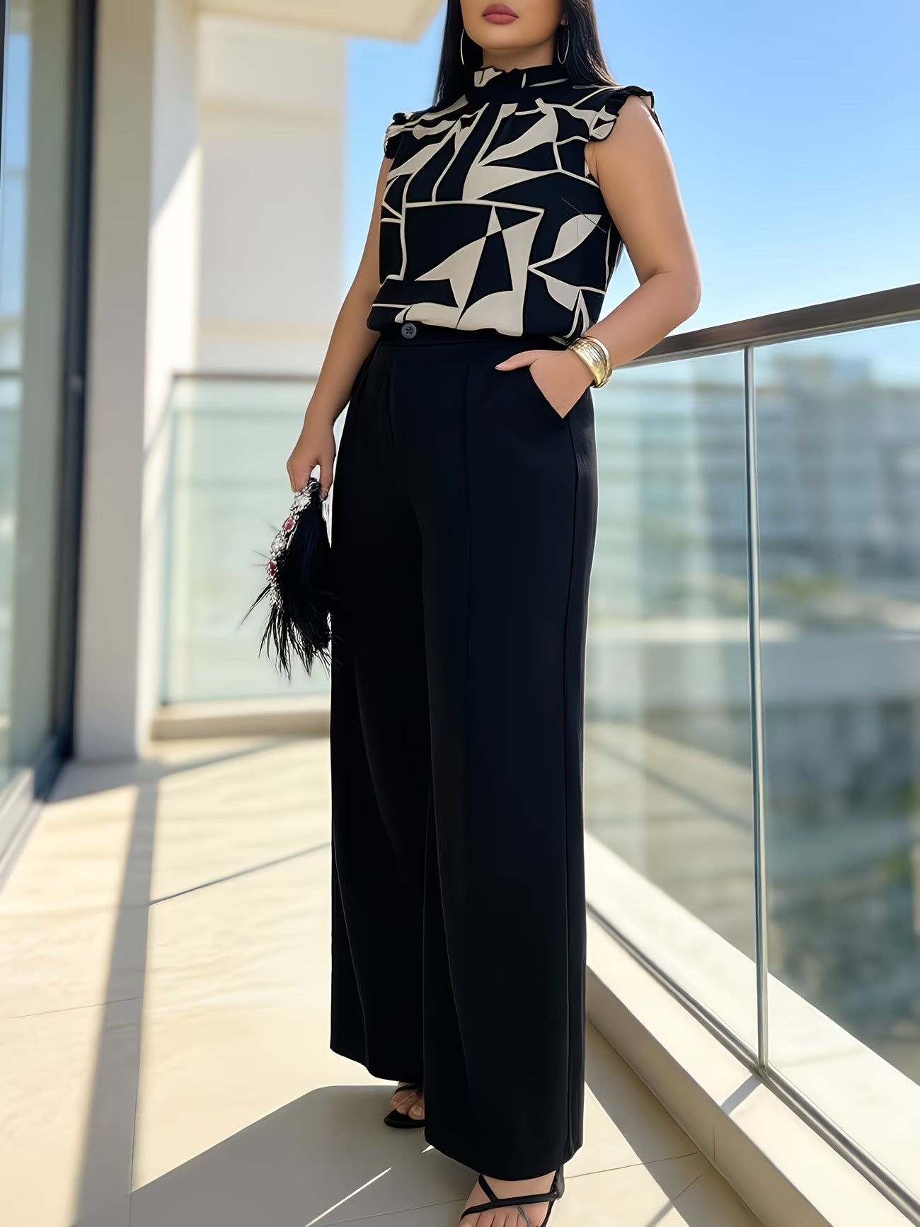 Women’s Printed Sleeveless Shirt and Black Straight-Leg Pants Two-Piece Set