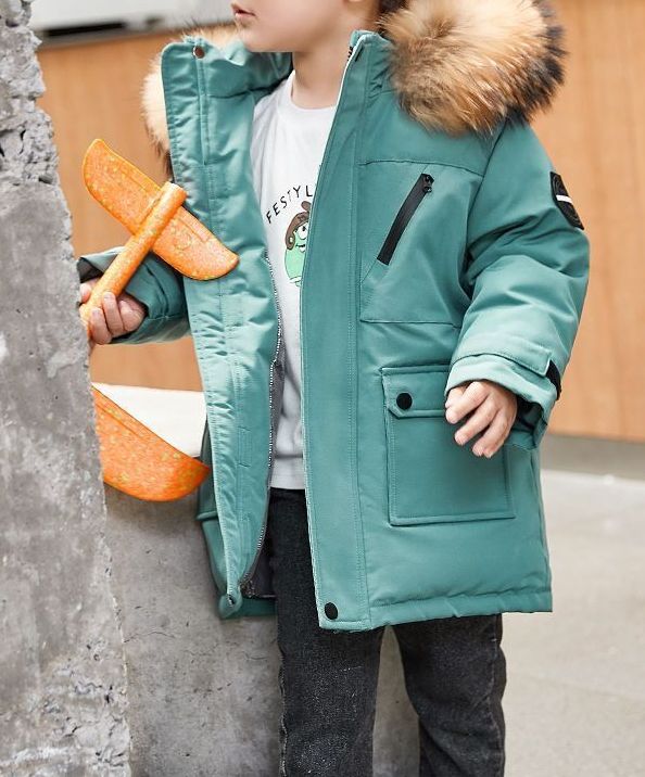 Winter New Boys’ Thick Down Cotton Parka – Warm Fur Collar Hooded Coat for Large Children - RAC25JP3243BOW