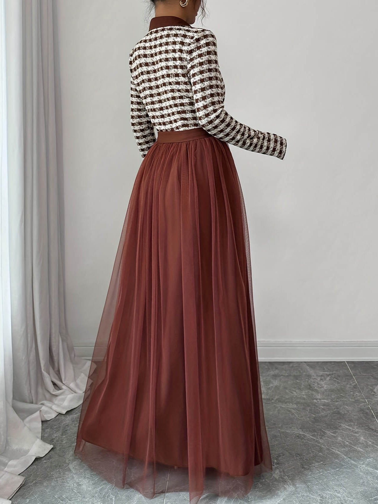 Women's Waist Tie Contrast Color Long Sleeve Mesh Panel Midi Dress