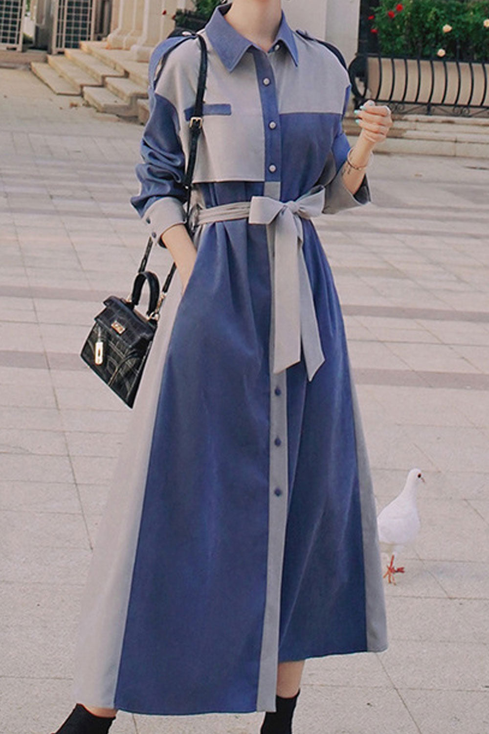 Women Elegant Lapel Neck Button Lace Up Long Sleeve Shirts Dress