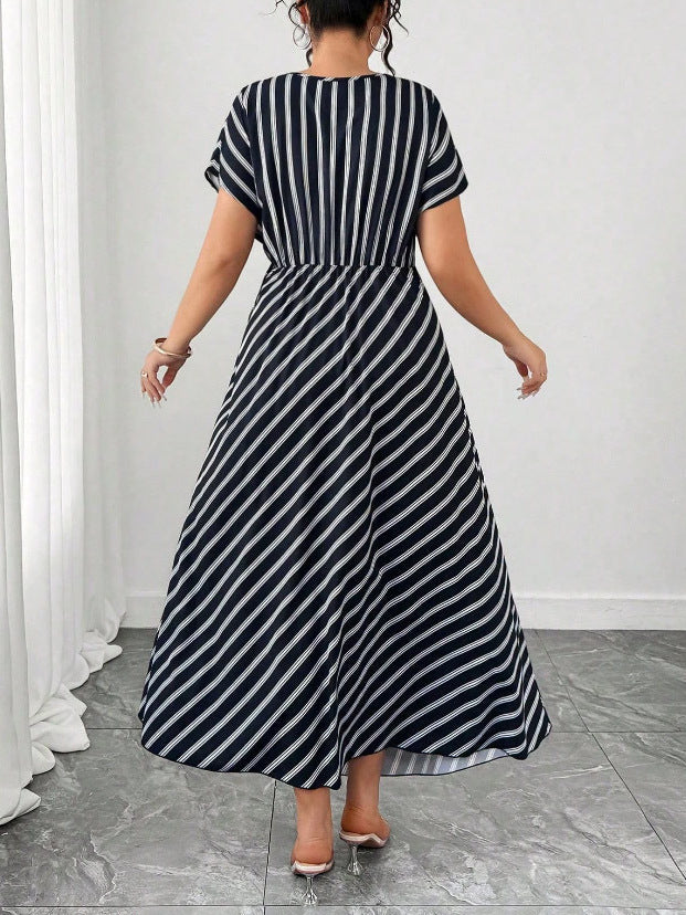 Women's Plus Size Striped Round Neck Tie-Waist Loose Fit Dress