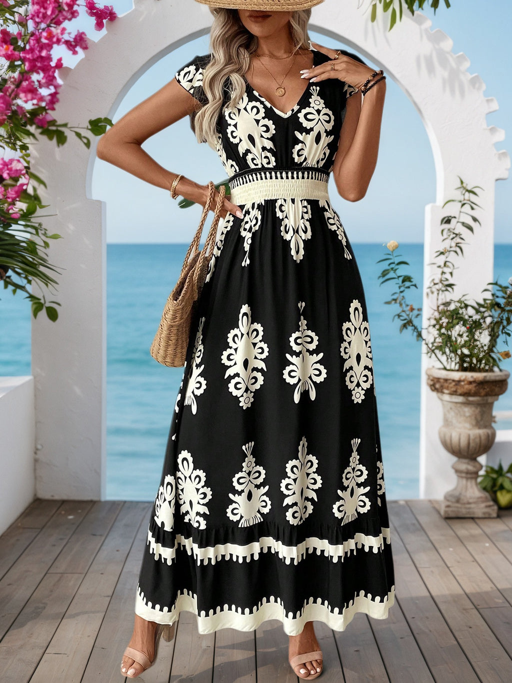 Women's Summer Printed V-Neck Holiday Dress Elegant Casual Lightweight Midi Dress