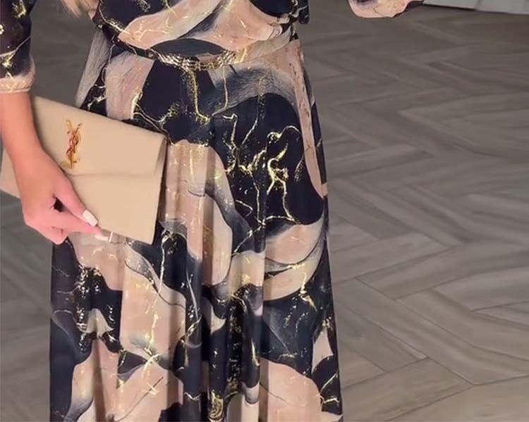 Women’s Elegant Seven-Sleeve Printed Waist Dress