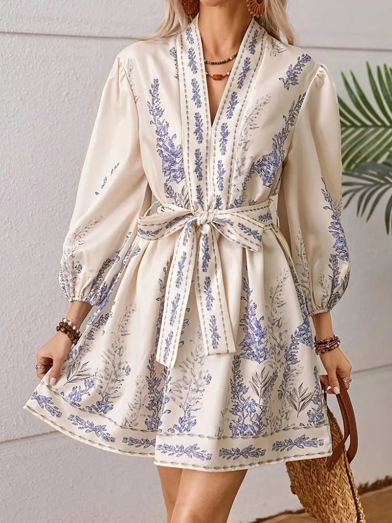 Women's Printed V-Neck Long Sleeve Waist-Defined Short Dress Casual Fashion Mini Dress