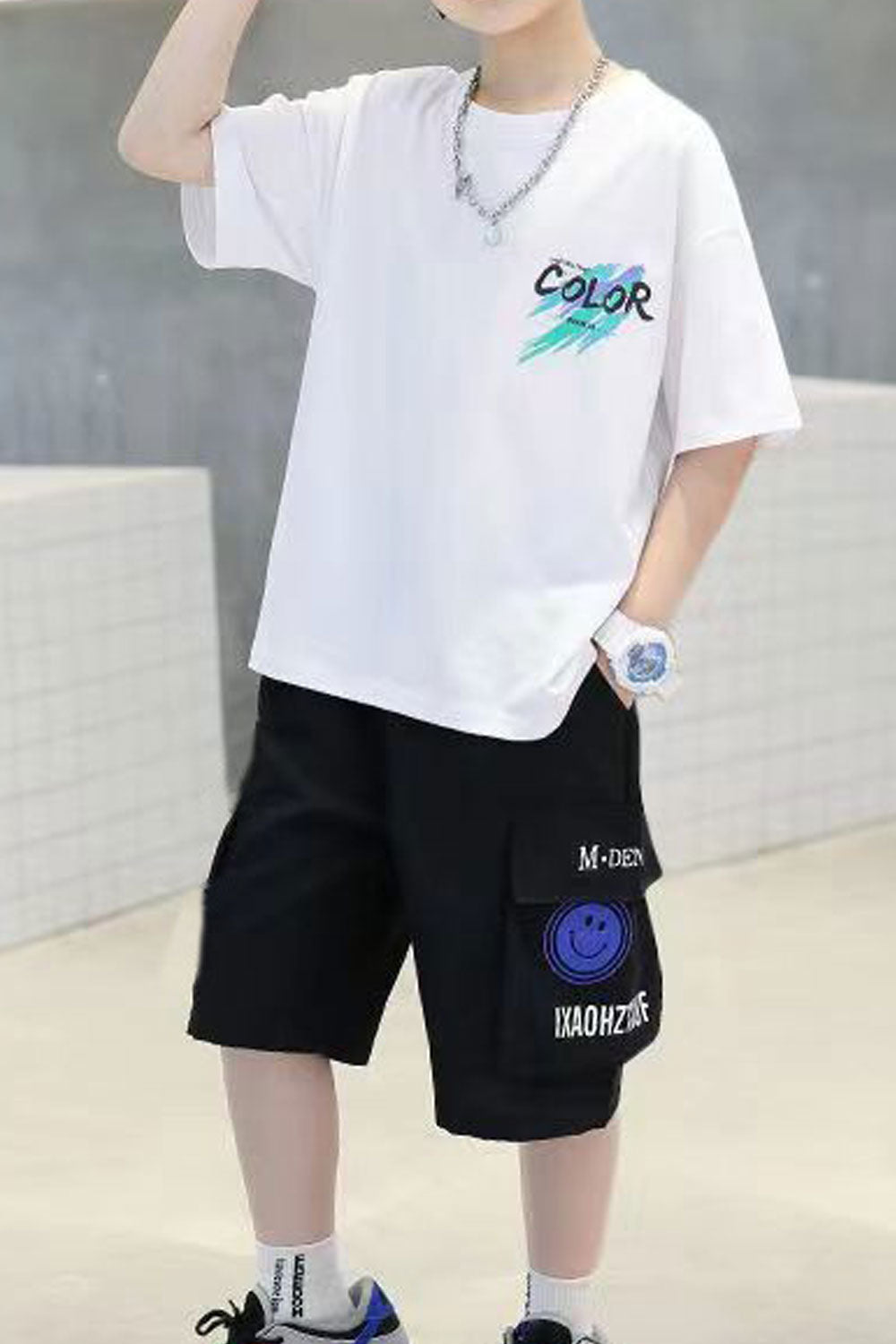 Kids Boys New Round Neck Short Sleeves Letter Pattern T- Shirt with Handsome Cool Looking Treasure Shorts Summer Two Piece Suit