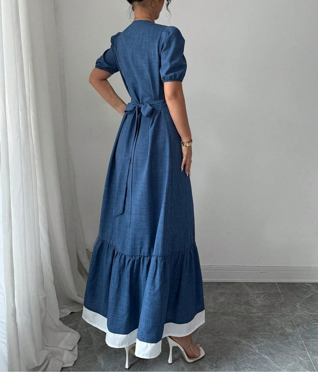 Women's Summer Color-Block Slim-Fit Long Dress with Button Detail and Waist-Enhancing Design