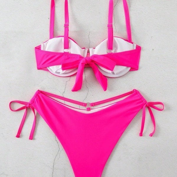 Women Solid Color Push-Up Bikini Set - Double Shoulder Strap Tie-Up Two-Piece Swimsuit for Women