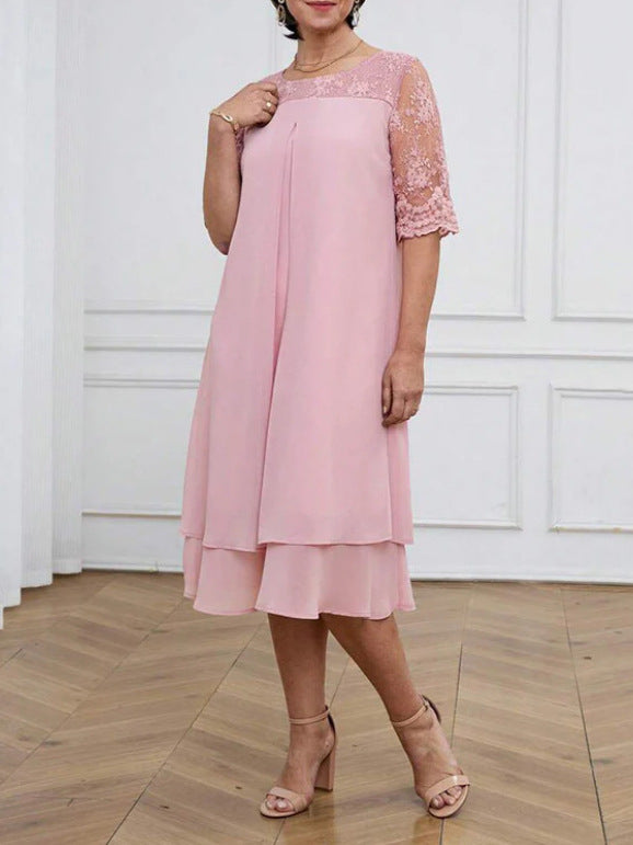 Autumn Elegant Solid Color Lace Sleeve Round Neck Midi Dress for Women