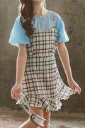 Kids Girls Plaid Skirt Round Neck Solid Colored T-shirt Two Piece Outfit Set