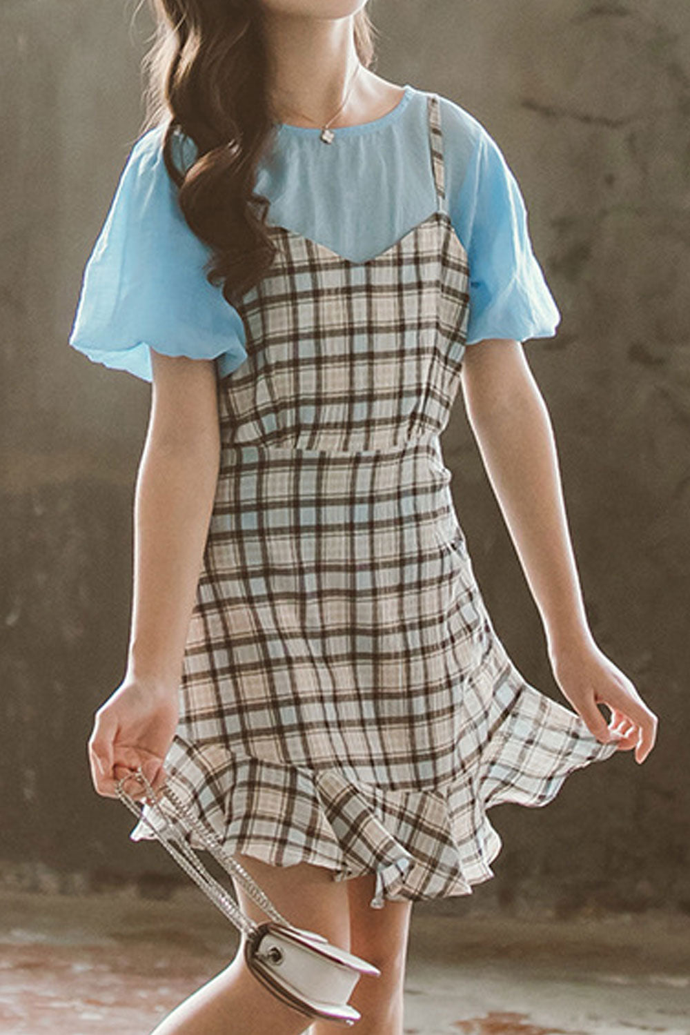 Kids Girls Plaid Skirt Round Neck Solid Colored T-shirt Two Piece Outfit Set