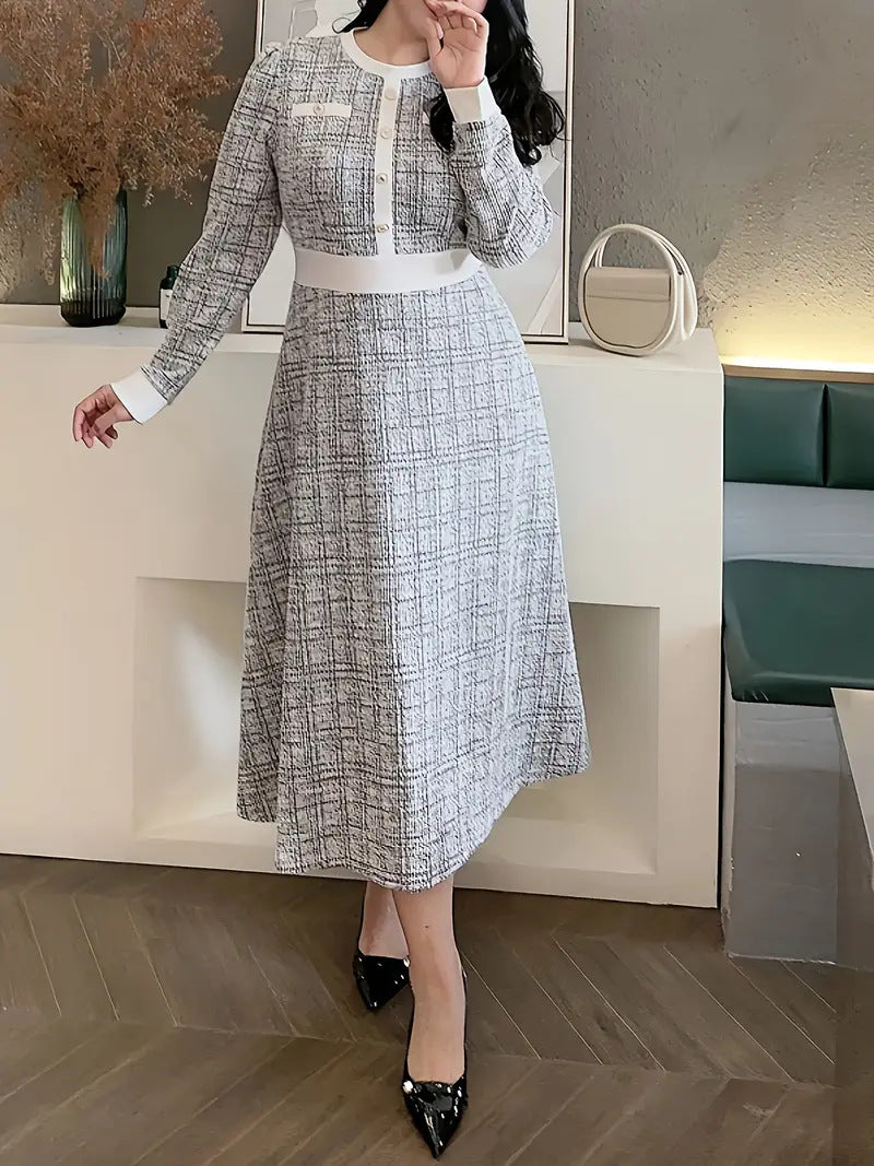 Elegant Color Block Waist-Cinching Dress for Women Plus Size, Slim Fit Round Neck Midi Dress, Classic Fashion Casual Party Outfi