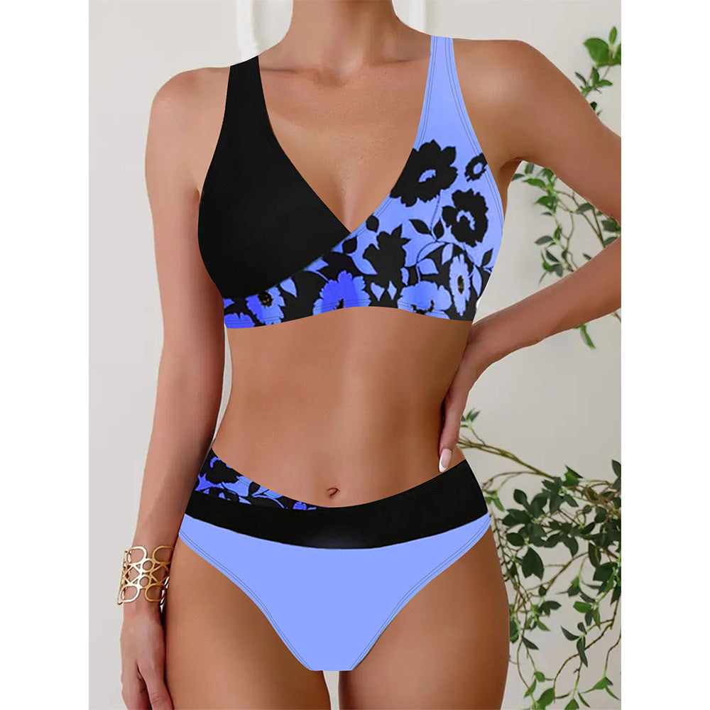 New Digital Print Cross V-Neck Bikini with High Waist Split Design