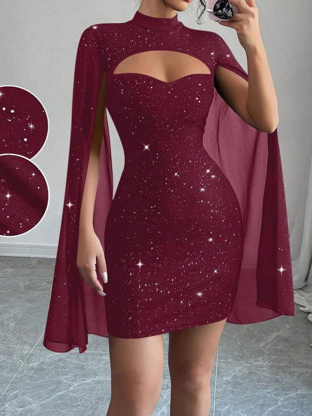 Women's Ribbed Bodycon Dress with Chiffon Cape Sleeves, Waist-Defining Midi Dress for Party, Evening, Office, and Special Occasi