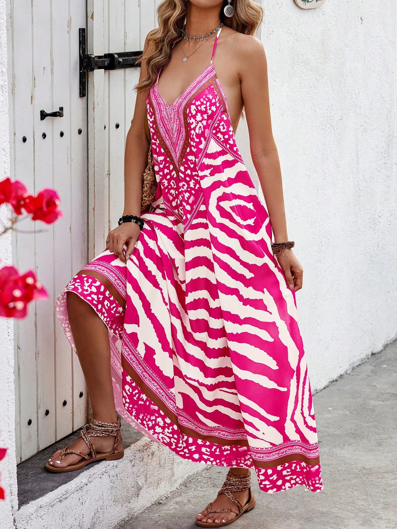 Women's Animal Print Backless Halterneck Vacation Maxi Dress