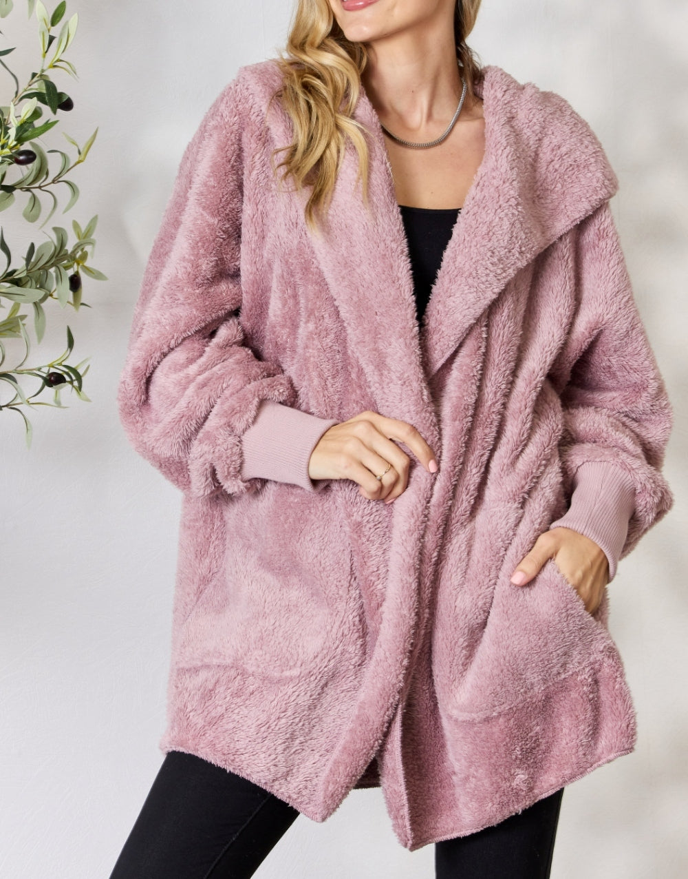 Women's H&T Faux Fur Open Front Hooded Jacket