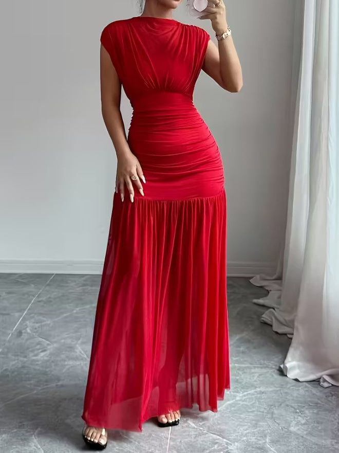 Women's Solid Color Pleated Maxi Dress - Long Sleeve Waist-Defined Elegant Casual Dress