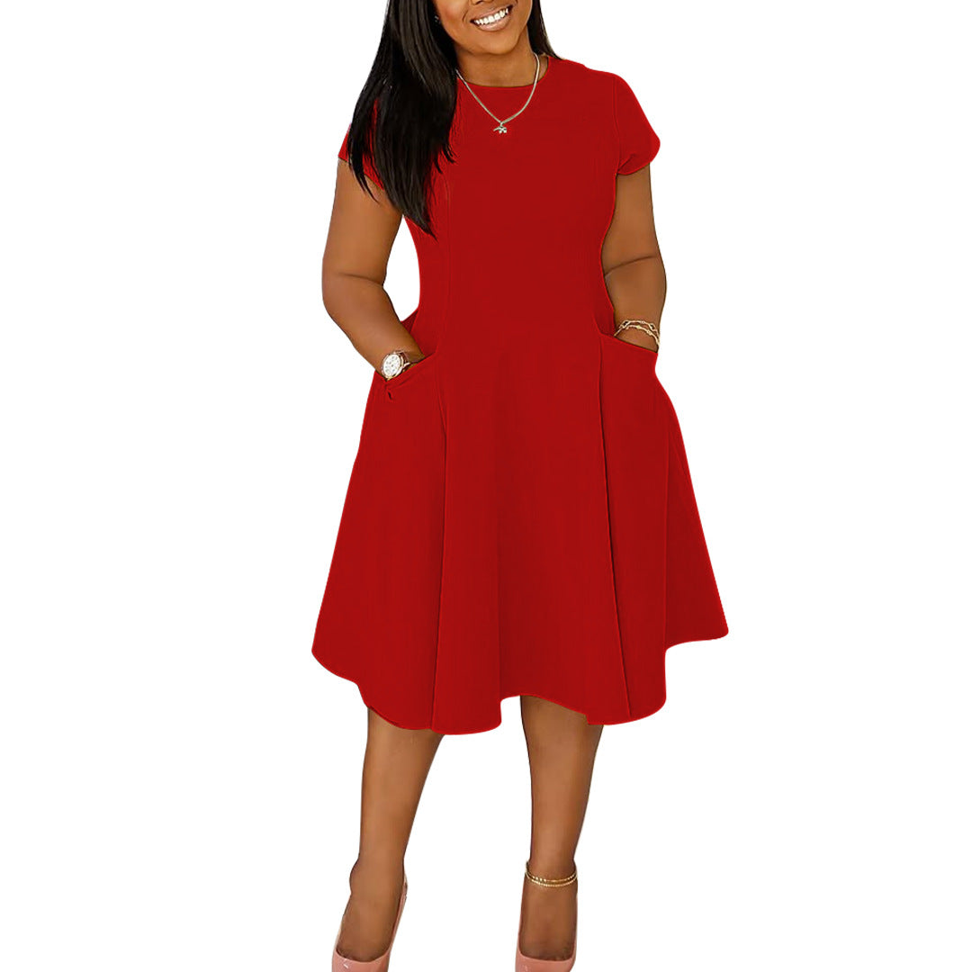 Women's Spring & Summer Casual Slim A-Line Midi Dress with Pockets – Round Neck