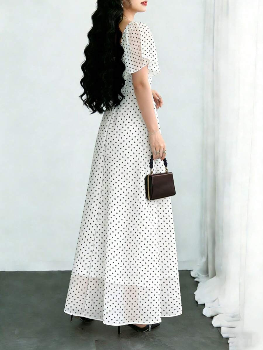 Summer Women's Square Neck Short Sleeve Polka Dot Dress – Casual Elegant A-Line Midi Dress