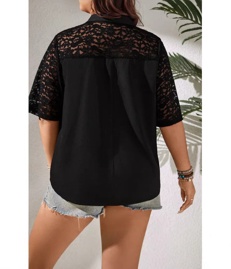 Women's Hollow-Out Lace Patchwork Loose Cardigan Shirt – Lightweight Casual Button-Front Layering Top