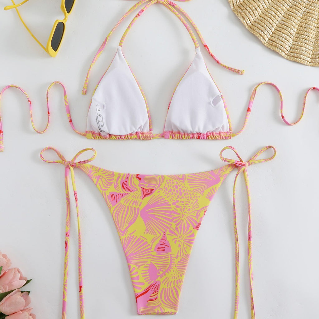 New Digital Print Lace-Up Neck Bikini Split Swimsuit