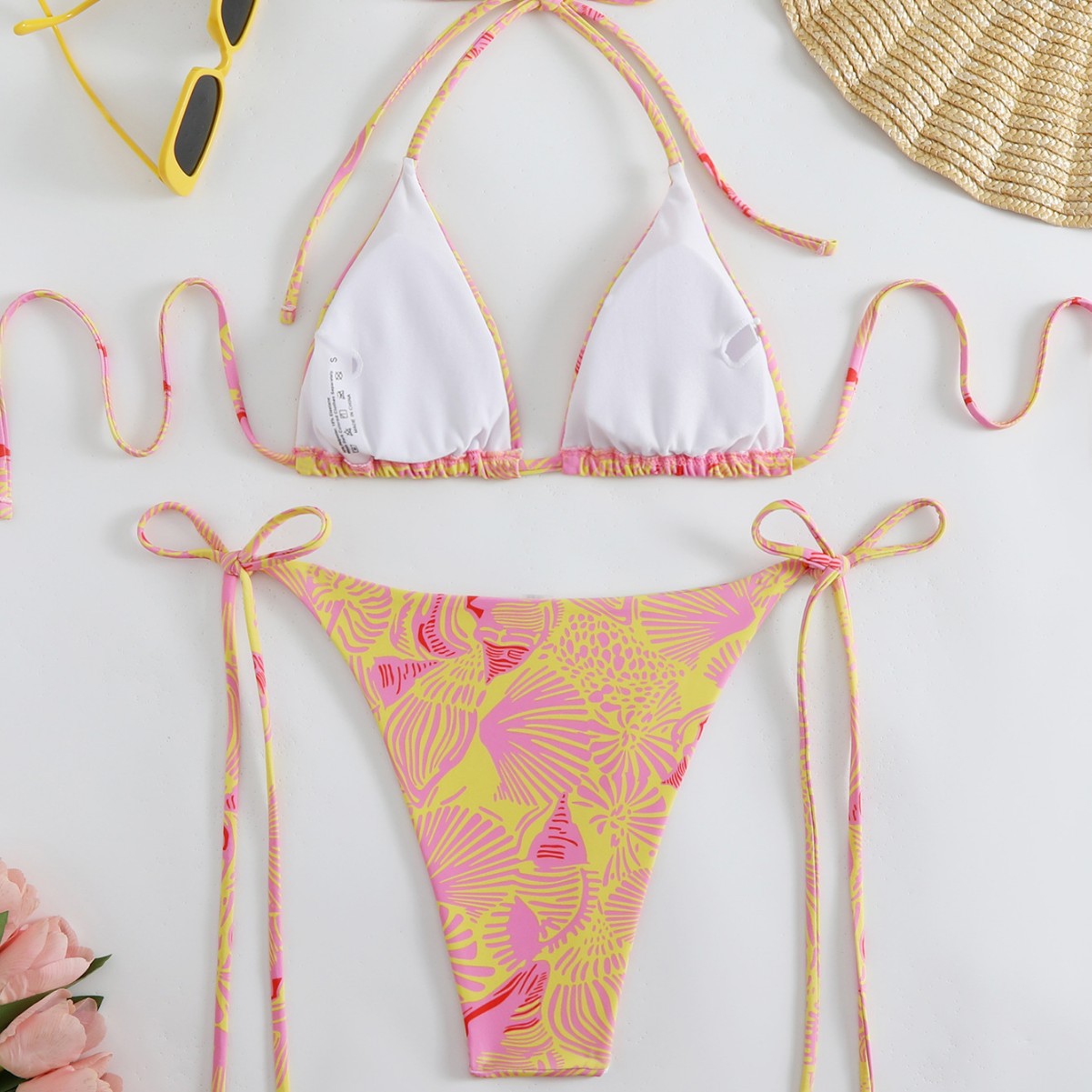 New Digital Print Lace-Up Neck Bikini Split Swimsuit