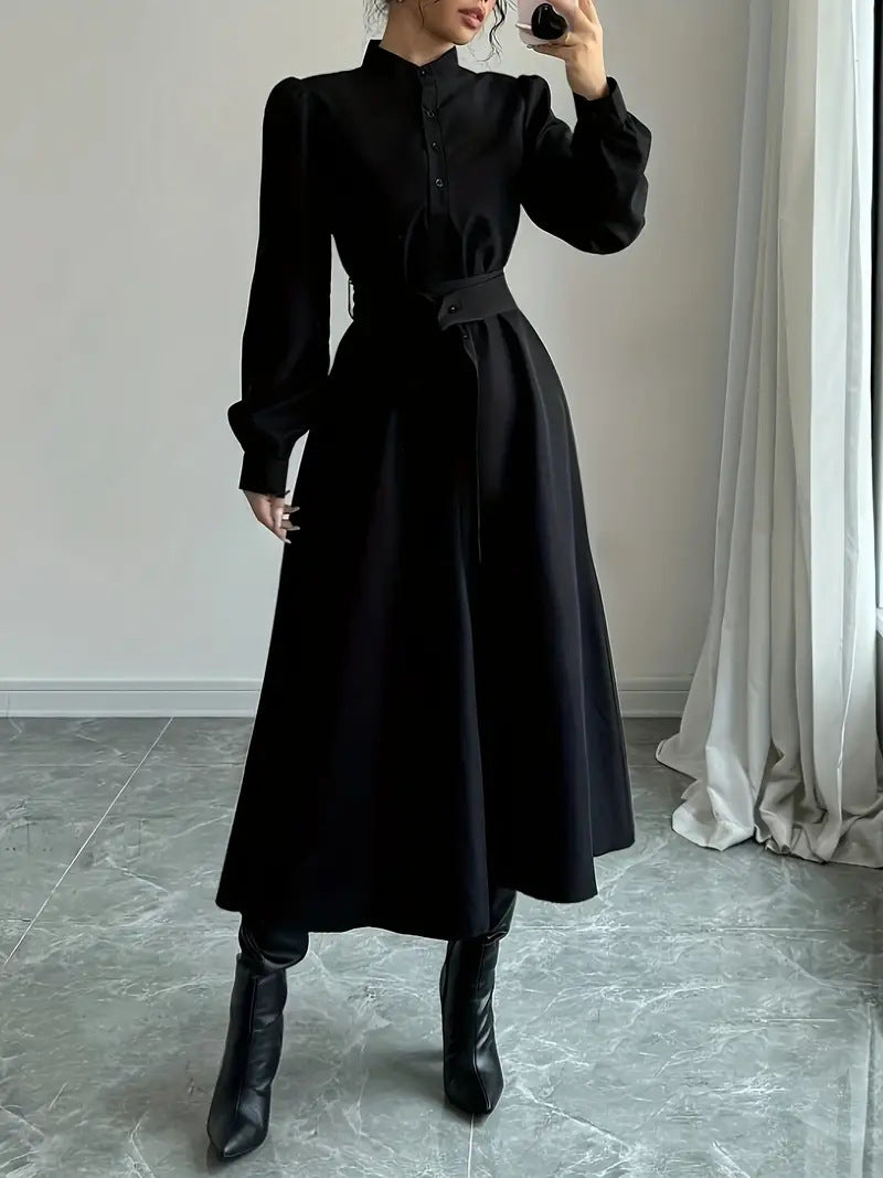 Women's Spring Button-Front Long Sleeve Shirt Dress with Waist-Defining Fit, Solid Color Midi Dress