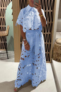 Women's Solid Color Hollow-Out Cardigan Top and Wide-Leg Pants Two-Piece Set