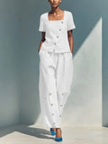 Women's Elegant Solid Color Cotton Linen Loose Short-Sleeve Top & High-Waisted Long Pants Two-Piece Set