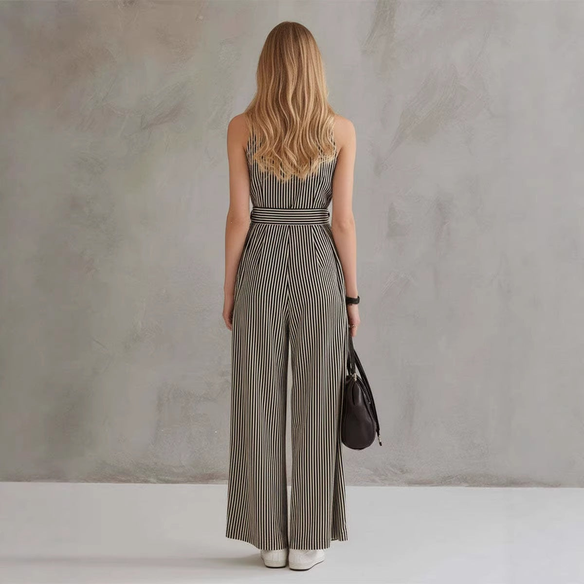 Women's Sleeveless Shirt and High-Waisted Wide-Leg Printed Stripe Pants Two-Piece Outfit Set