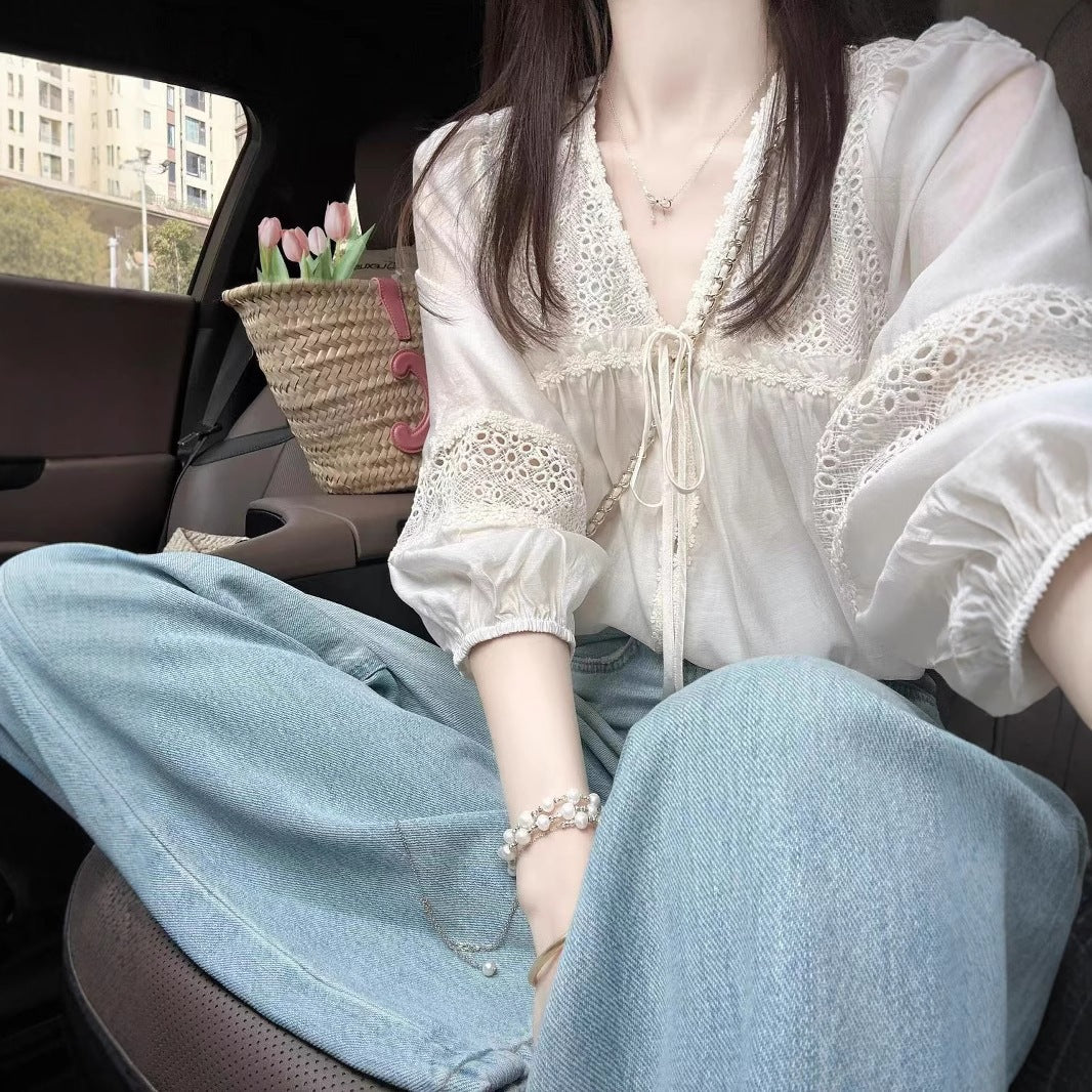 New Fashion V-Neck Embroidered Shirt for Women – Elegant Casual Long Sleeve Lightweight Top