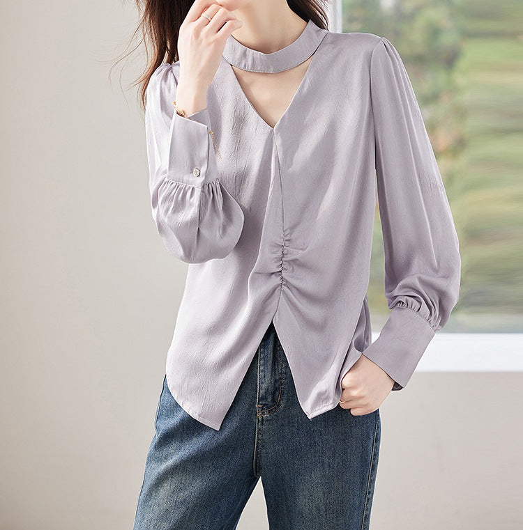 Women's Plus Size Casual Long Sleeve V-Neck Shirt - Versatile Spring & Autumn Top