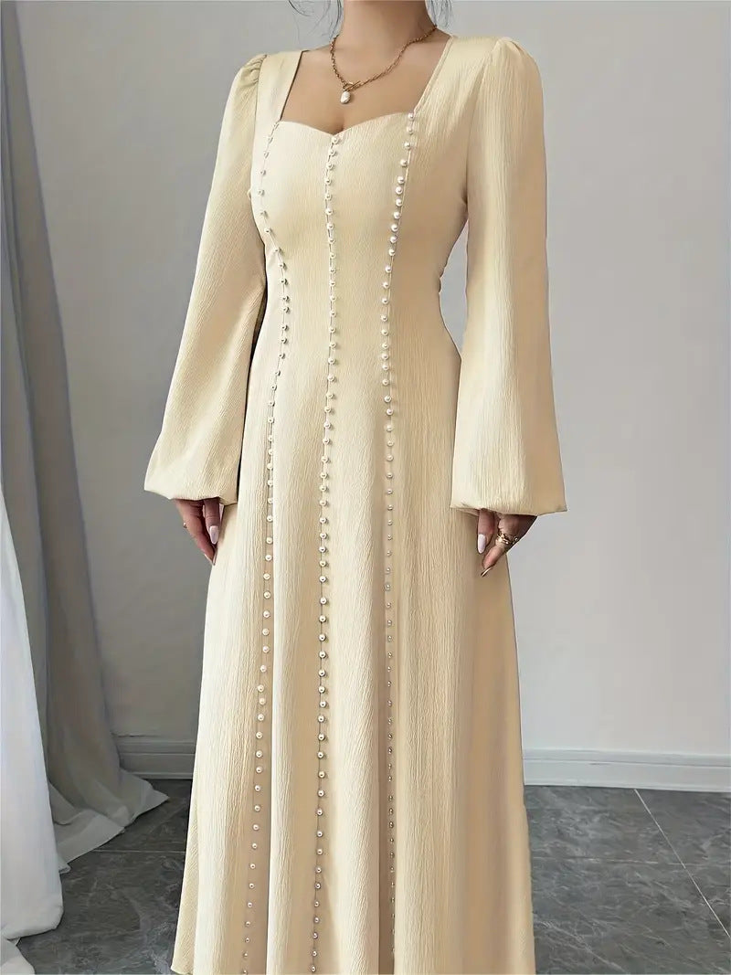 Women's Elegant Beaded Long Sleeve Square Neck A-Line Maxi Dress with Defined Waist
