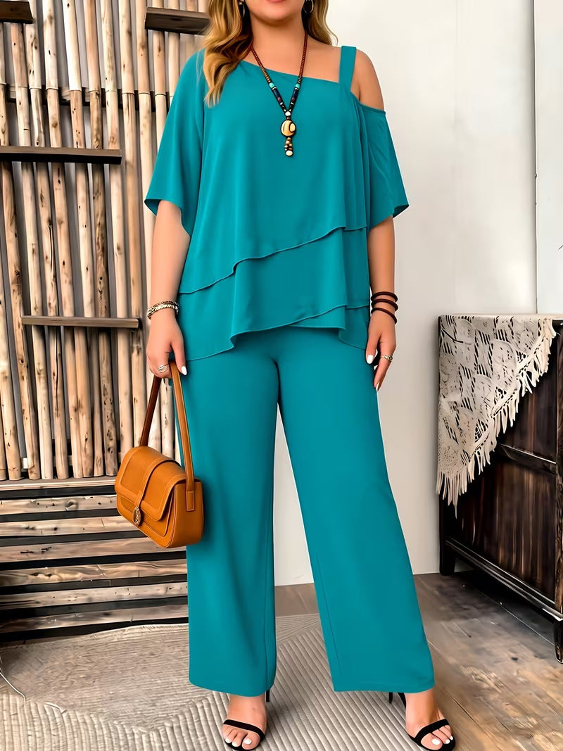 Women’s Summer Casual Loose Fit Solid Color Short-Sleeve Plus-Size Top and Pants Set
