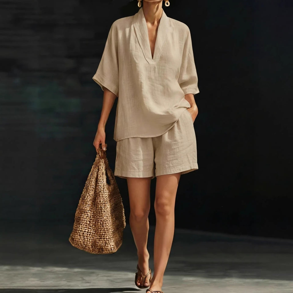 Women's V-Neck Short-Sleeve Casual Loose Wide-Leg Pants Set