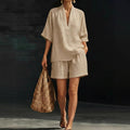 Women's V-Neck Short-Sleeve Casual Loose Wide-Leg Pants Set