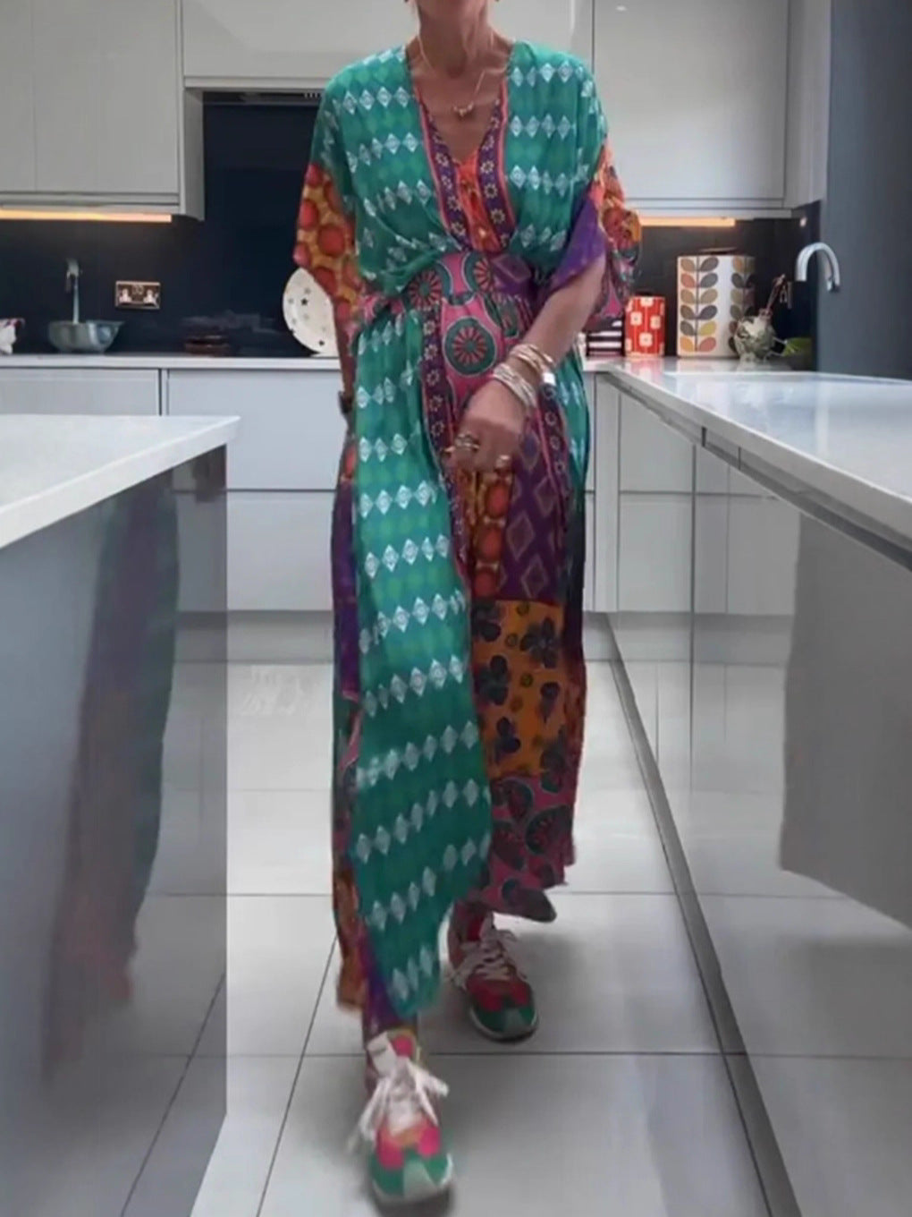 Women's Summer Printed V-Neck Short Sleeve Loose Waist Dress
