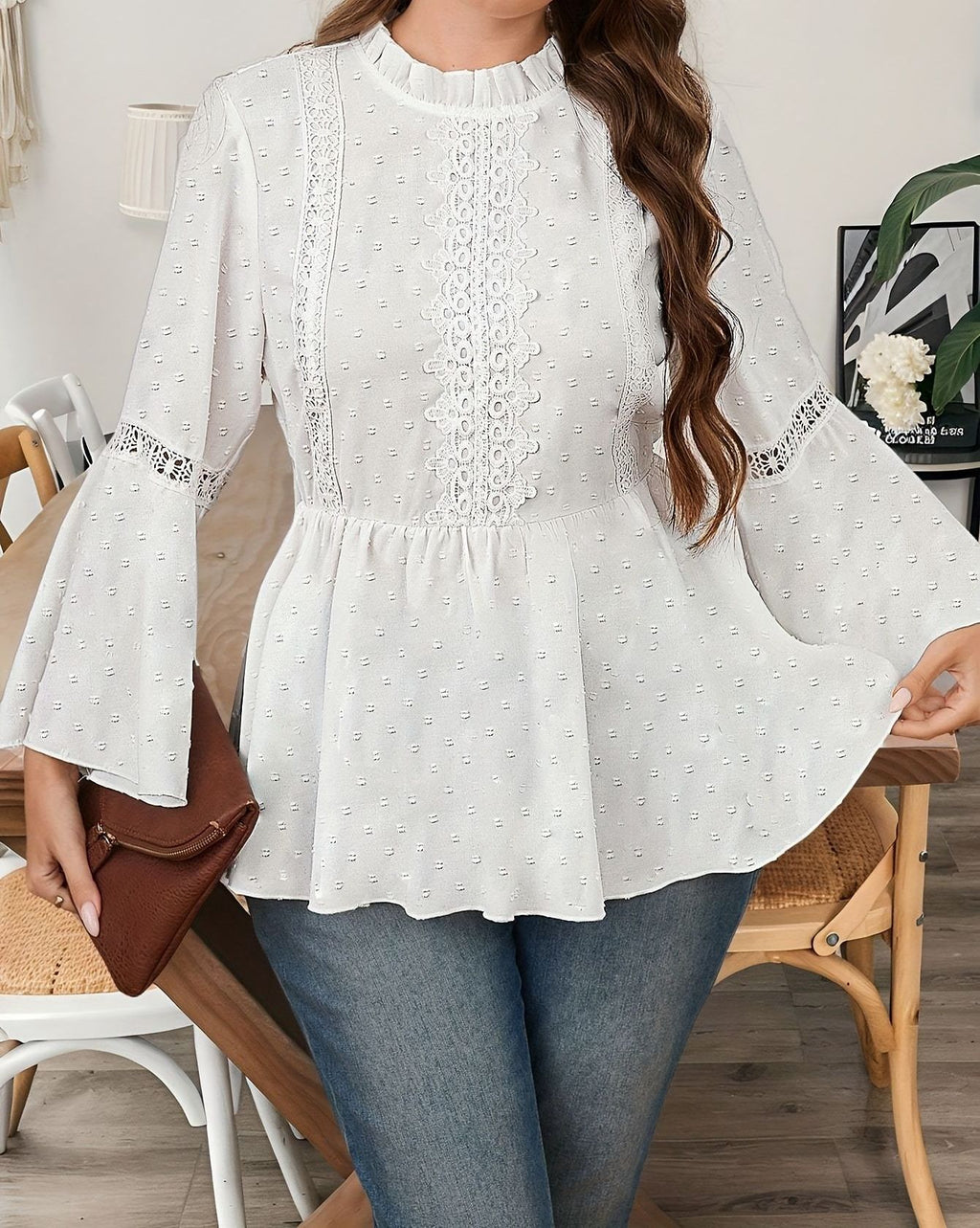 Women's Plus Size Pure Color Lace Ruffle Sleeve Shirt – Elegant Long Sleeve Casual Top